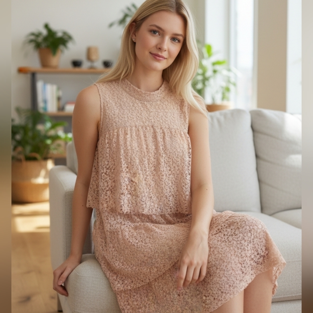 Zara Soft Beige Lace Short Dress, S, Sleeveless, Layered Top & Skirt, Gorgeous! - Picture 10 of 10